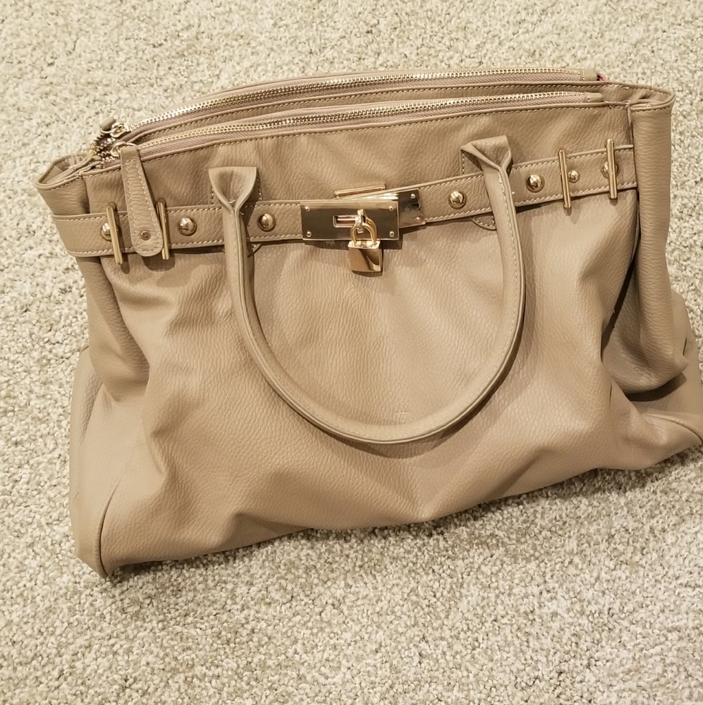 Taupe satchel faux leather bag with gold BELT accents